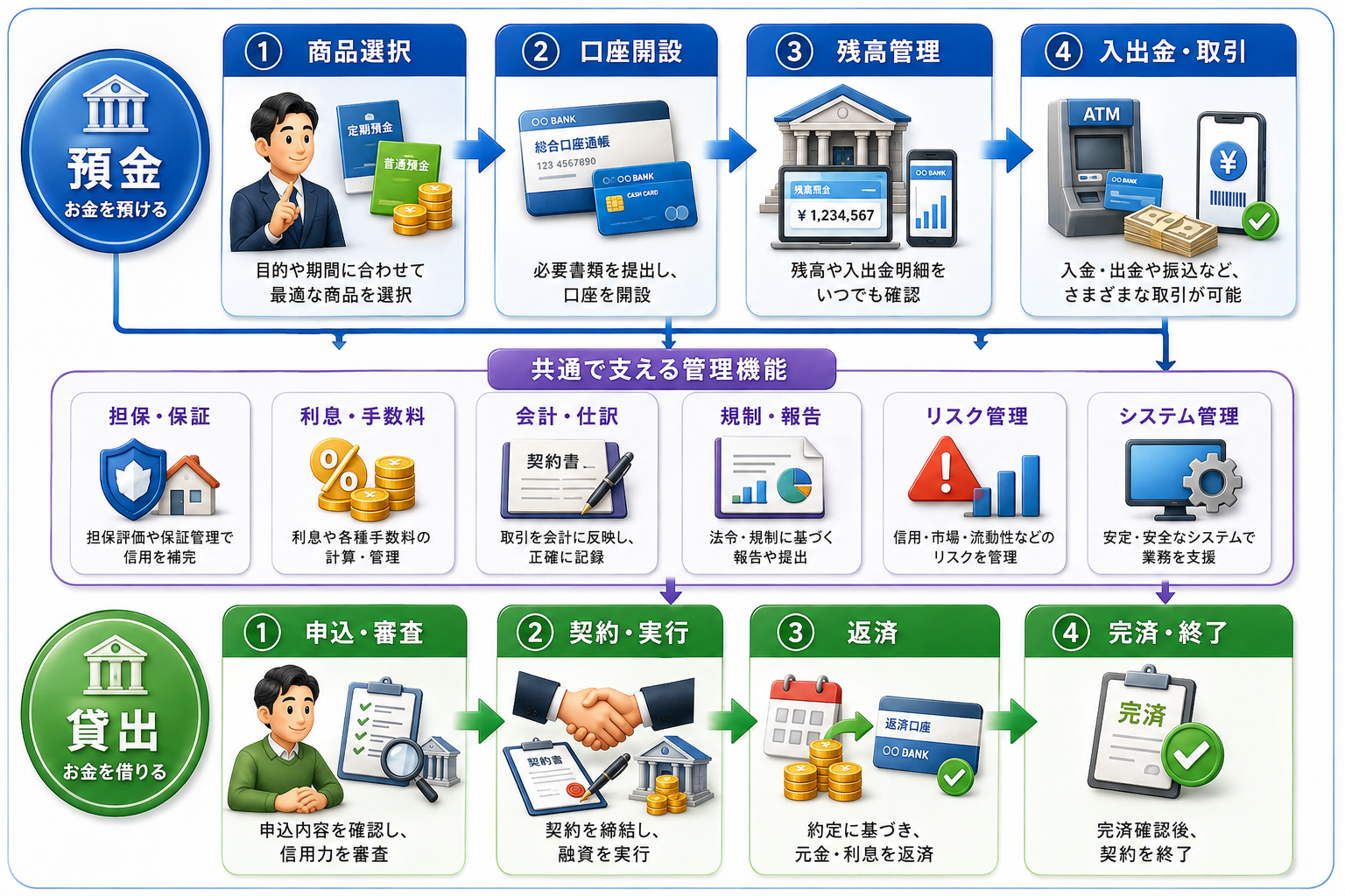 預金は商品選択、口座開設、残高管理、入出金・取引へ進み、貸出は申込・審査、契約・実行、返済、完済・終了へ進む。担保・保証、利息・手数料、会計・仕訳、規制・報告、リスク管理、システム管理が両者に共通して関わることを示す。