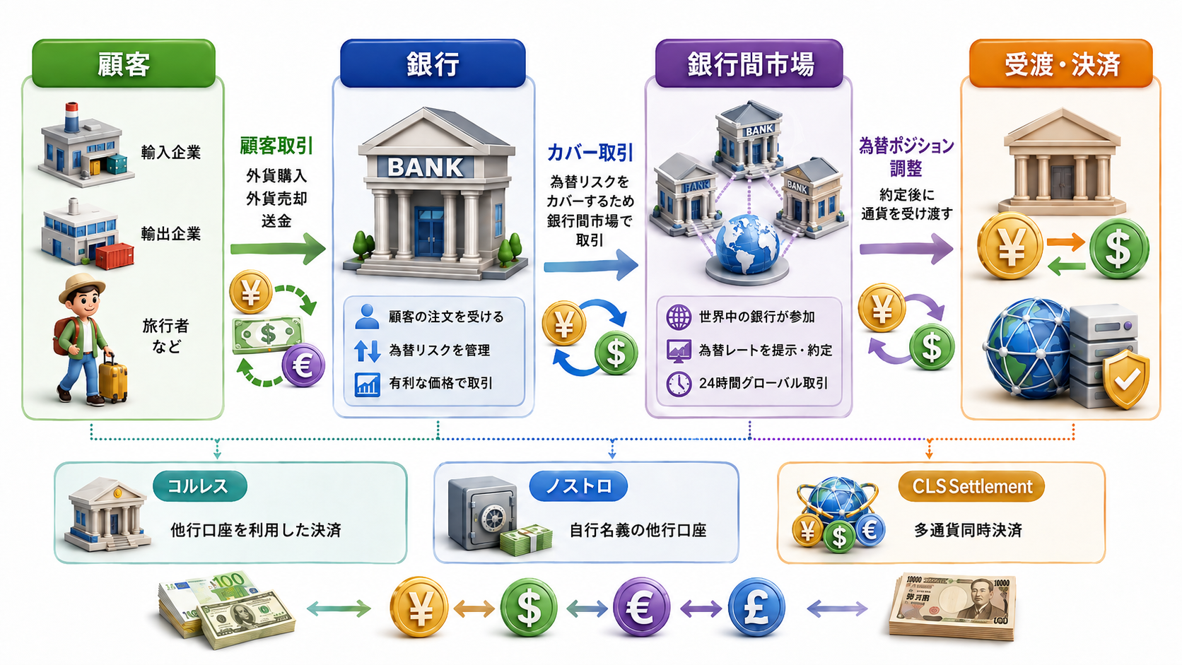 外国為替取引の全体像。輸入企業・輸出企業・旅行者等の顧客が銀行と外貨購入、外貨売却、送金等の顧客取引を行い、銀行は必要に応じて銀行間市場でカバー取引を行って為替ポジションを調整する。受渡・決済では、コルレス、ノストロ、CLSSettlement等の経路・仕組みを利用して通貨を受け渡す。