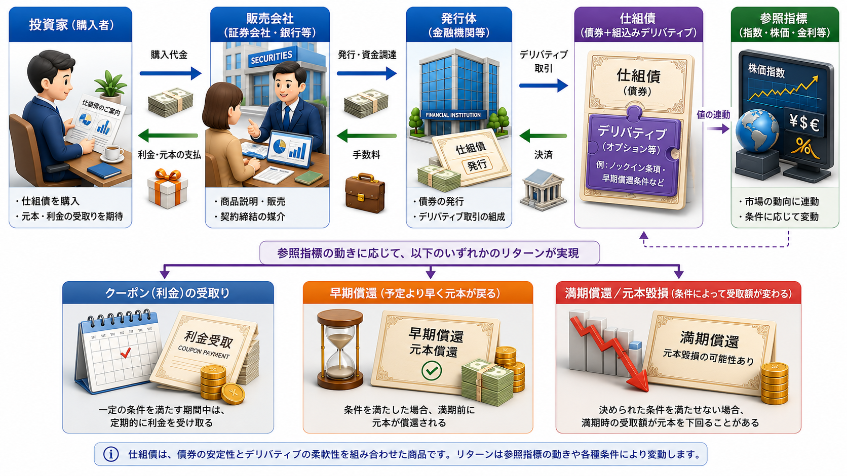 仕組債の全体像。投資家が販売会社を通じて購入し、発行体が債券を発行する。仕組債は債券と組込みデリバティブから構成され、株価指数・株価・金利等の参照指標の動きと契約条件に応じて、クーポンの受取り、早期償還、満期償還または元本毀損の結果へ分岐する。