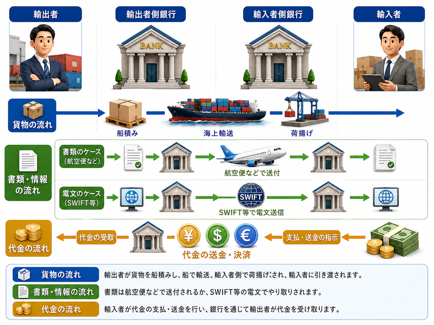 輸出者、輸出者側銀行、輸入者側銀行、輸入者の間で、貨物は輸出者から輸入者へ、書類・情報は書類送付またはSWIFT等の電文で銀行間を経由し、代金は輸入者側から輸出者側へ反対方向に動くことを示す。